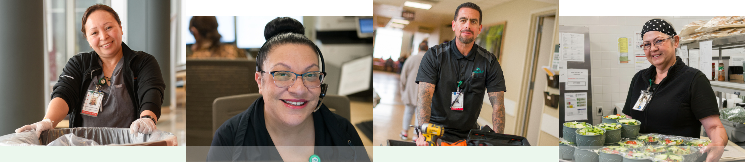 Collage of four different people working at the hospital - one with a trash can, one with a headset, one with some tools, and one in the cafeteria 